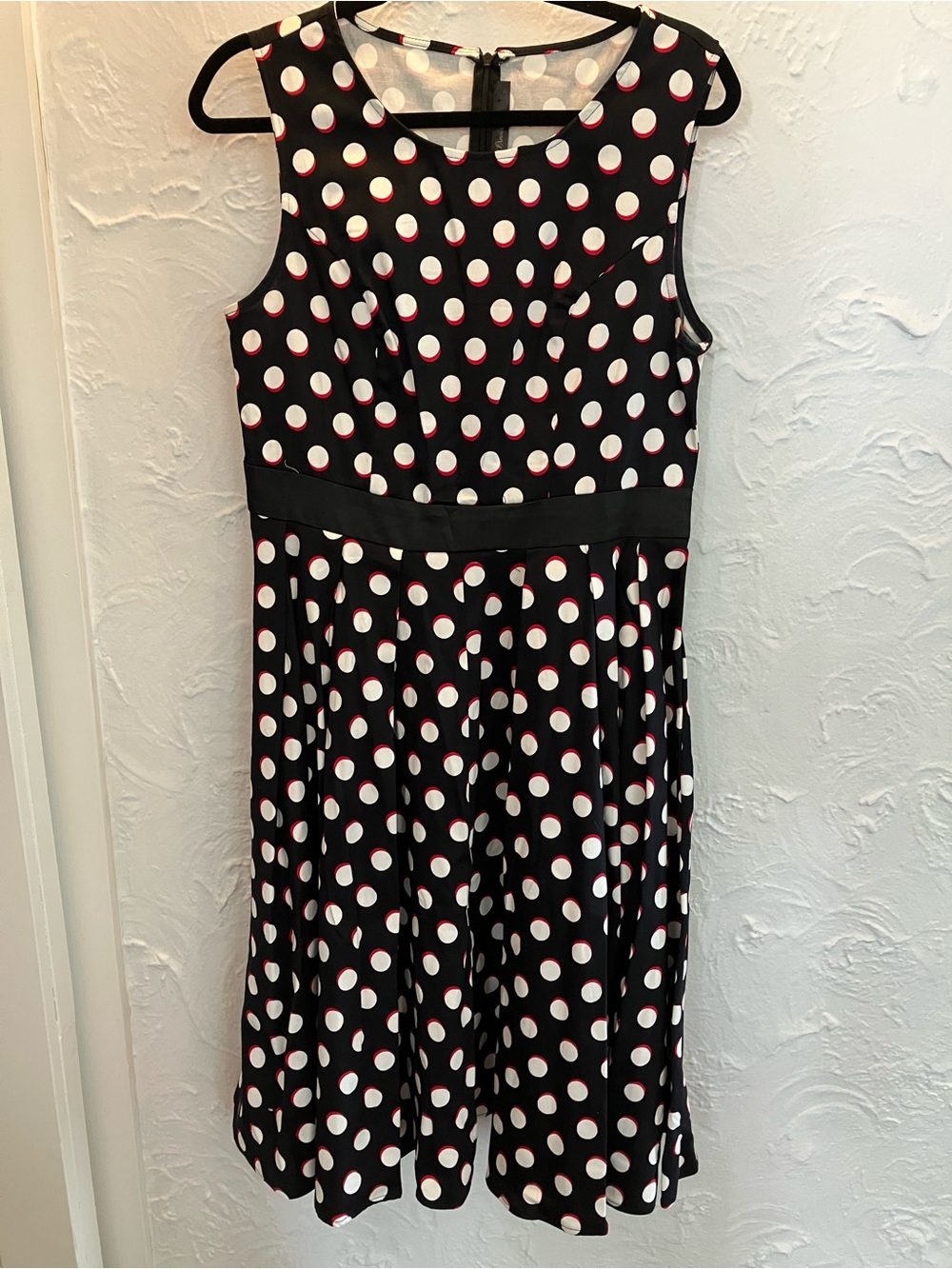 Sleeveless Black Polka Dot Midi Dress with White and Red Dots